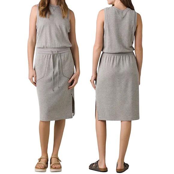 Prana Cozy Up Beach Hopper Adjustable Waist Side Pockets Gray Sleeveless Dress M - Picture 1 of 12